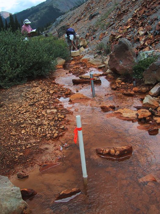 Real field crew collecting samples in Mineral Creek, Colorado with measured sampling locations